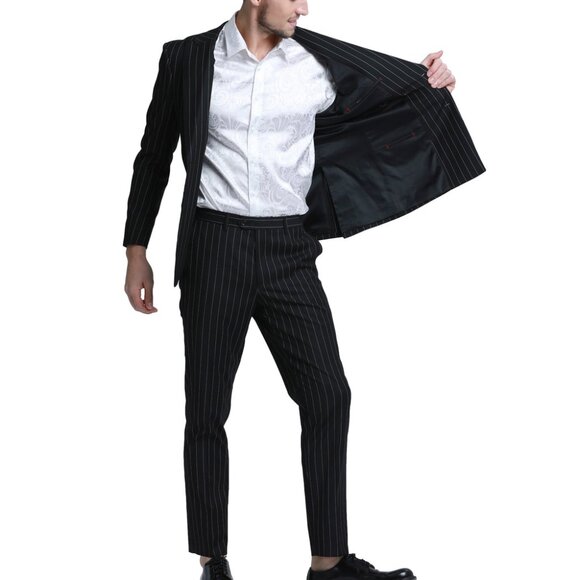 Black Pinstripe Double Breasted Peak Lapel Skinny Fit Men's Suit